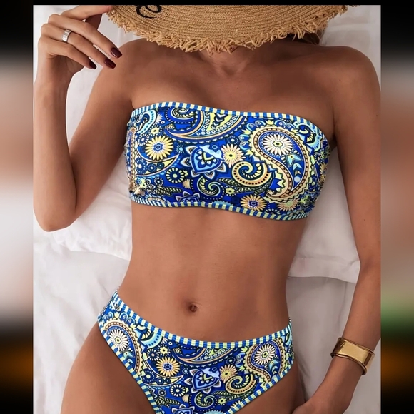 Blue Paisley Bandeau Bikini - Picture 1 of 8